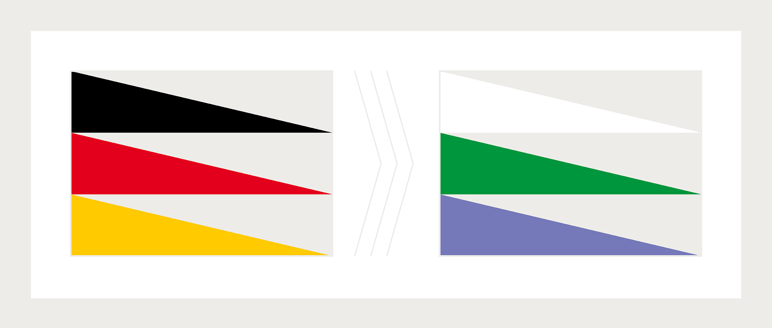 Als spielerische Bezugnahme auf die Deutschlandfahne werden deren Komplementärfarben verwendet.